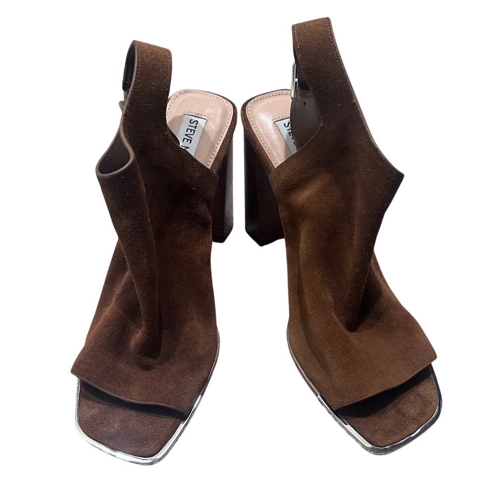 Steve Madden Delancey Suede Block Heel Leather Sandals Square Toe Silver, size 9